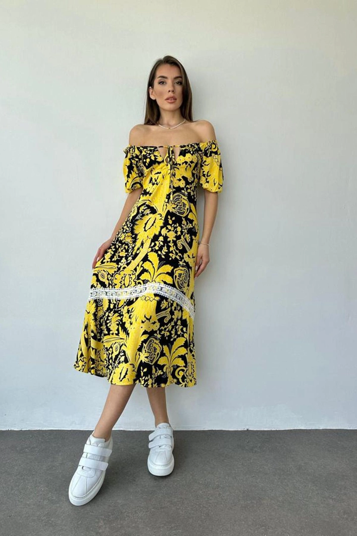 A wholesale clothing model wears els11024-breast-tie-dress-yellow, Turkish wholesale Dress of Elisa