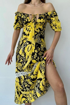 A wholesale clothing model wears els11024-breast-tie-dress-yellow, Turkish wholesale Dress of Elisa