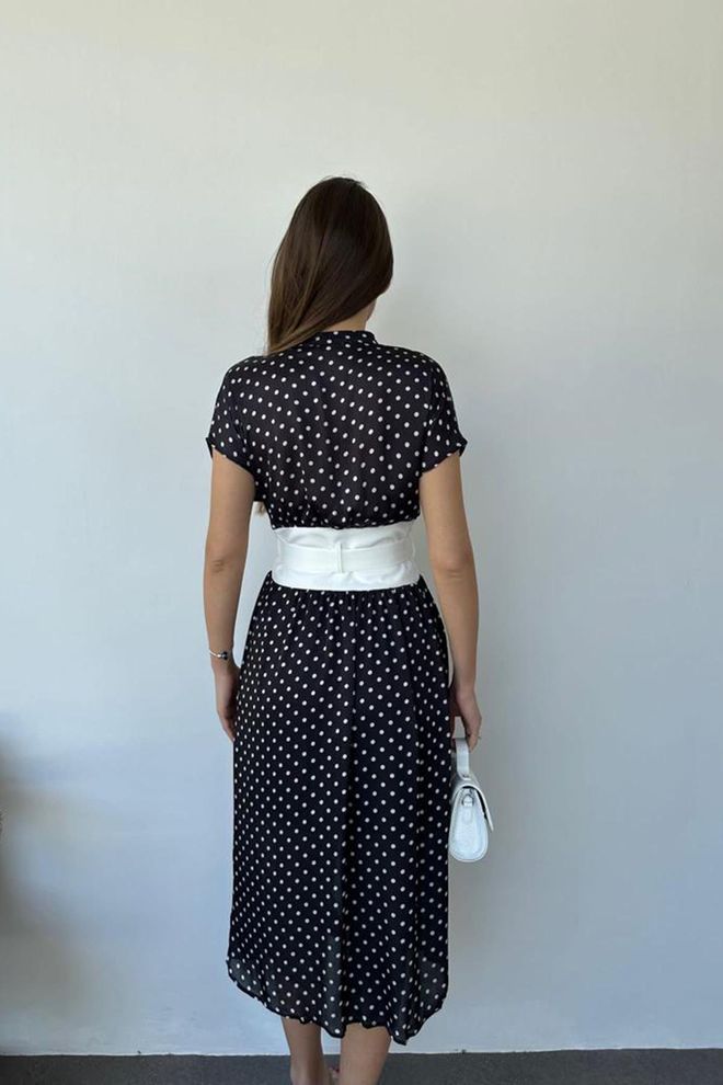 L&C فستان أسود منقط ميدي قميص ملابس بالجملة ربيع