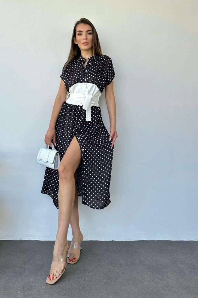 L&C Čierne Bodkované Midi Košeľové Šaty Veľkoobchod s oblečením Neformálny