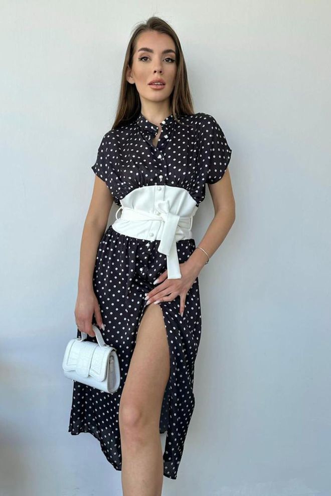 L&C فستان أسود منقط ميدي قميص ملابس بالجملة البوليستر