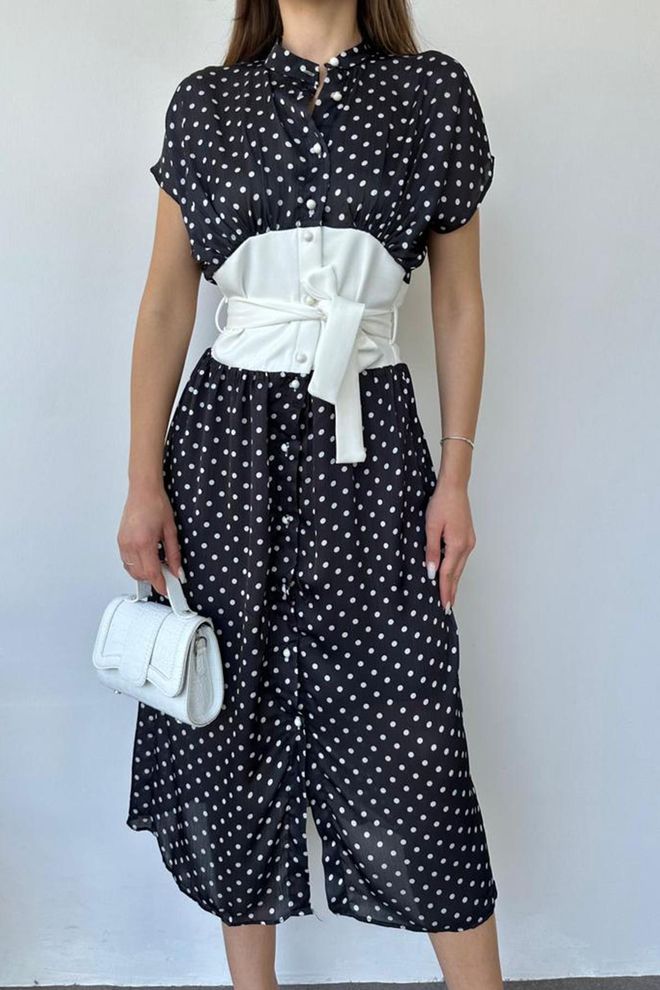 L&C فستان أسود منقط ميدي قميص ملابس بالجملة صالة