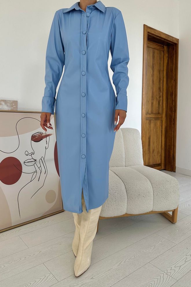 L&C Blaues Elegantes Formelles Schlichtes Hemd Midi Kleid Großhandelskleidung Winter