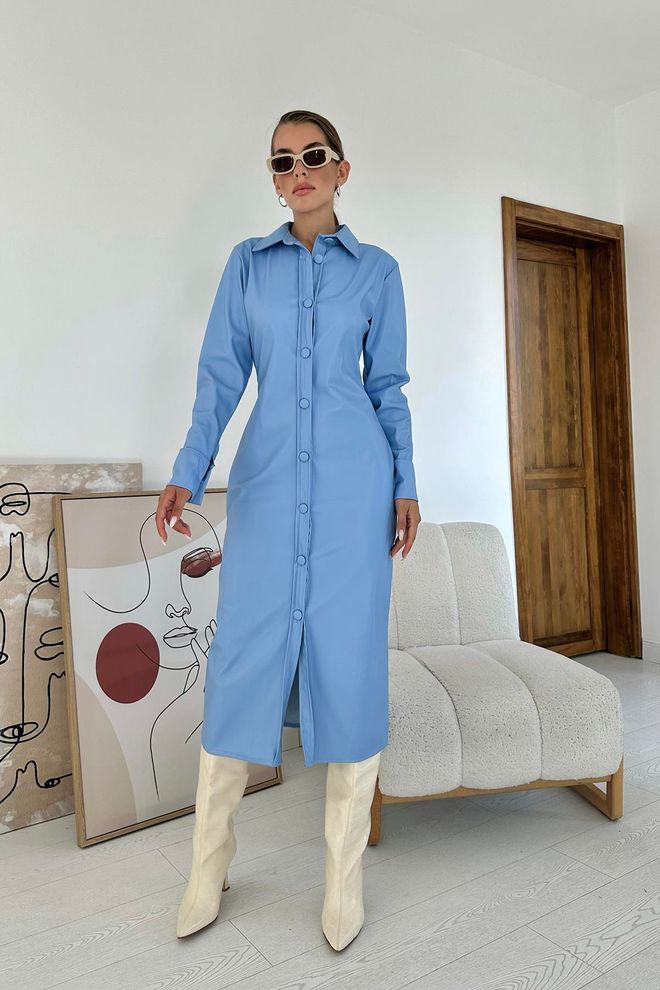 L&C Μπλε Κομψό Επίσημο Απλό Πουκάμισο Μίντι Φόρεμα Χονδρικό εμπόριο ενδυμάτων Casual