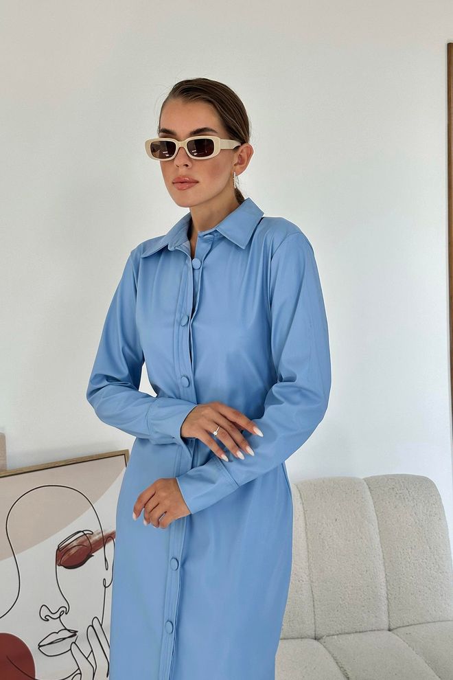 L&C Blaues Elegantes Formelles Schlichtes Hemd Midi Kleid Großhandelskleidung Kein Stoff