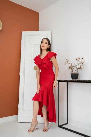 A wholesale clothing model wears  Flounce Asymmetrical Dress - Red
, Turkish wholesale Dress of Elisa