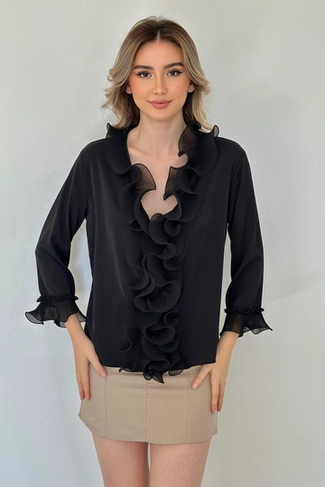A wholesale clothing model wears  Shirt With Flounce Collar - Black
, Turkish wholesale Tunic of Elisa