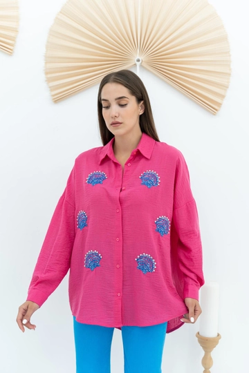 Модел на дрехи на едро носи  Риза С Шарени Миди - Фуксия
, турски едро Туника на Elisa