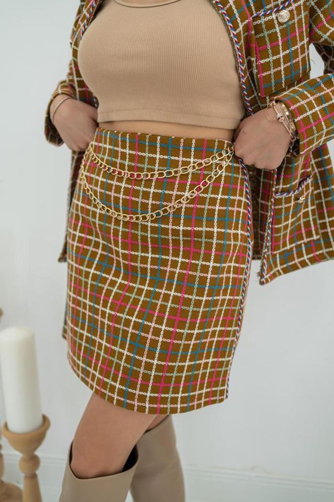 L&C بدلة بنية رسمية بنمط مربع مع جيب رفرف ملابس بالجملة شتاء