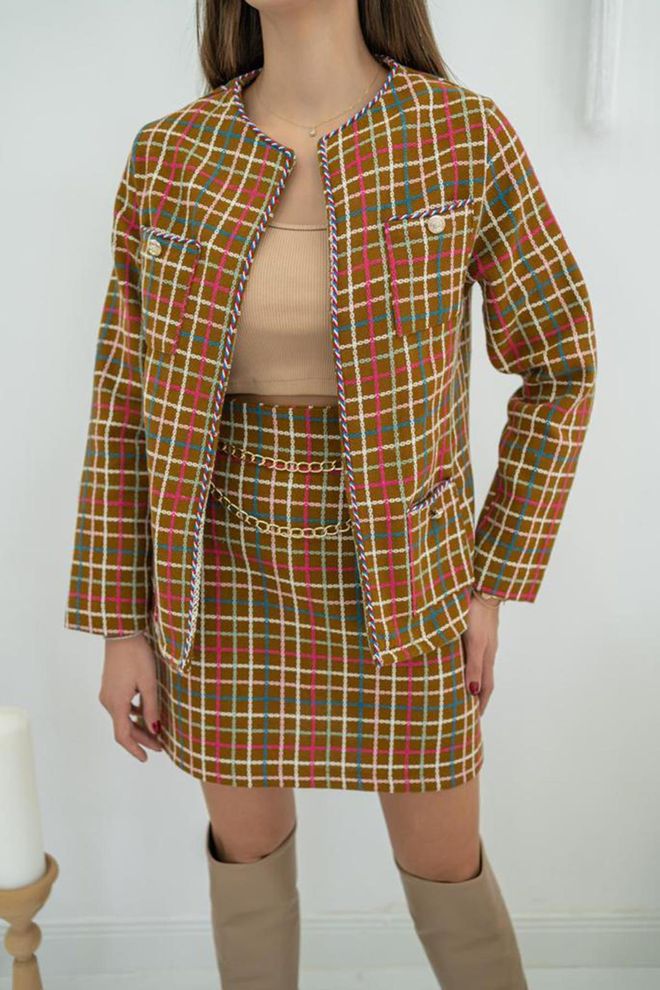 L&C بدلة بنية رسمية بنمط مربع مع جيب رفرف ملابس بالجملة عمل