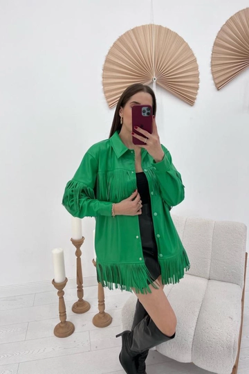 A wholesale clothing model wears  Tasseled Leather Shirt - Green
, Turkish wholesale Tunic of Elisa