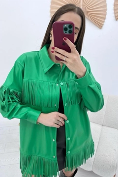 A wholesale clothing model wears els11210-tasseled-leather-shirt-green, Turkish wholesale Tunic of Elisa
