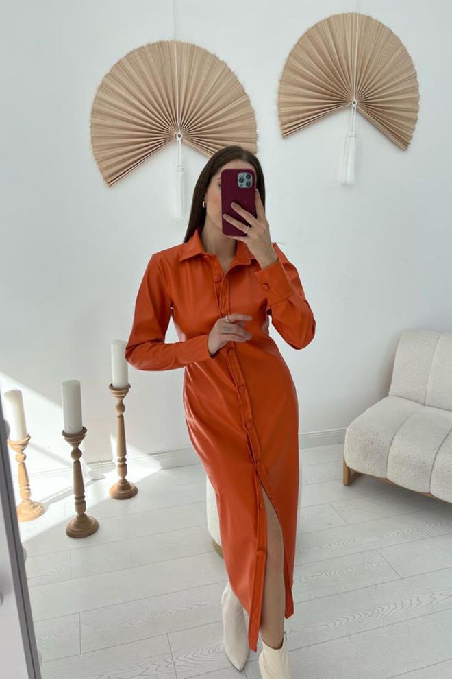 L&C Елегантна Оранжева Рокля Тип Риза Със Зъбен Отвор Дрехи на едро Небрежен