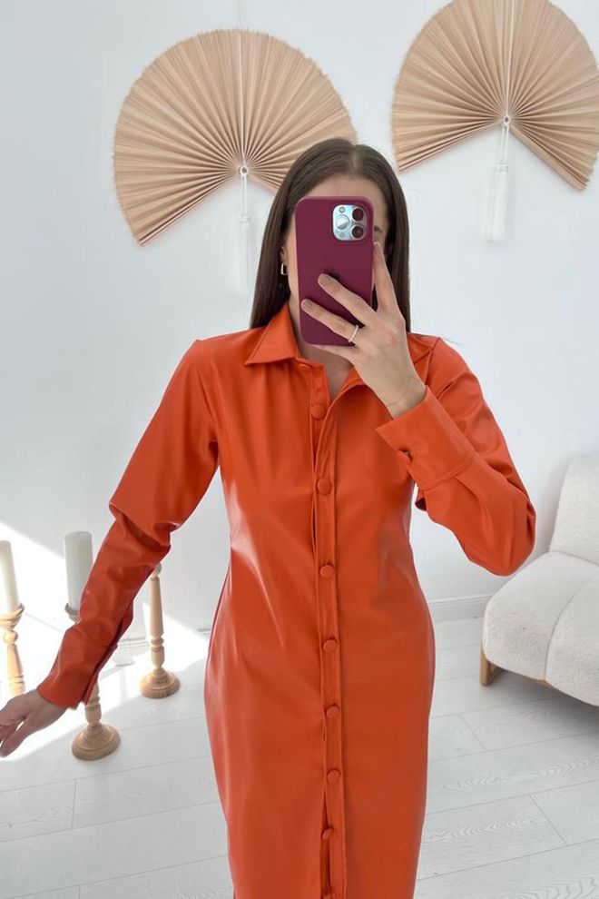 L&C Elegant Orange Shirt Dress With Notched Neck Wholesale Clothing Work