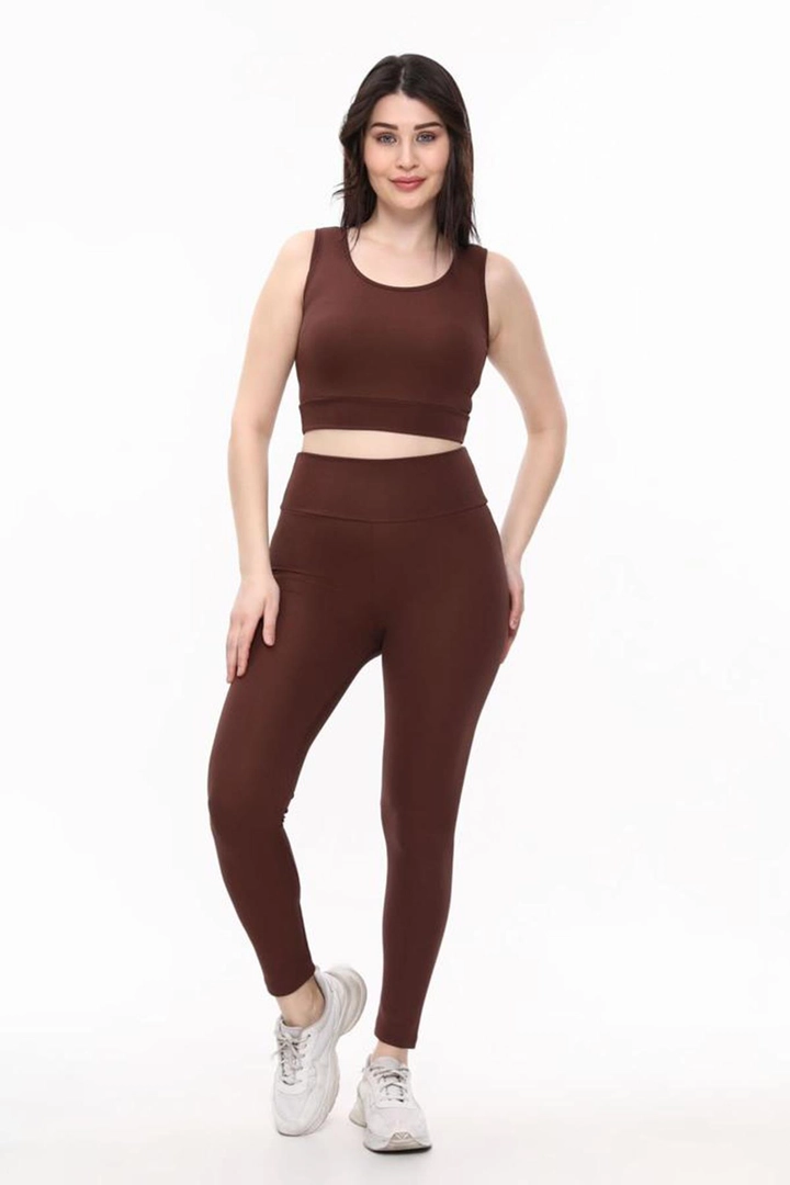 A wholesale clothing model wears els11226-sports-tights-set-brown, Turkish wholesale Tracksuit of Elisa