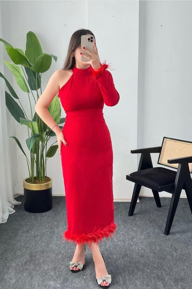 L&C Червена Секси Елегантна Рокля Бодикон С Дълги Ръкави Дрехи на едро Елегантен