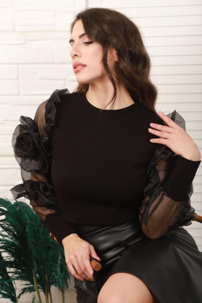 L&C Black Elegant Slim Fit Blouse With Ruffle Sleeves Wholesale Clothing No Fabric