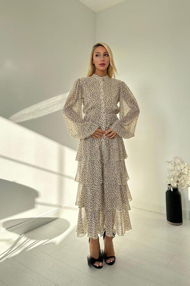 Elisa Abito da pavimento in chiffon a pois Ecru Abbigliamento all'ingrosso Annata