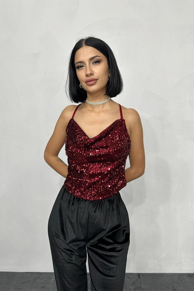 Elisa Askılı Degaje Bluz Bordo Toptan Giyim Işıltılı