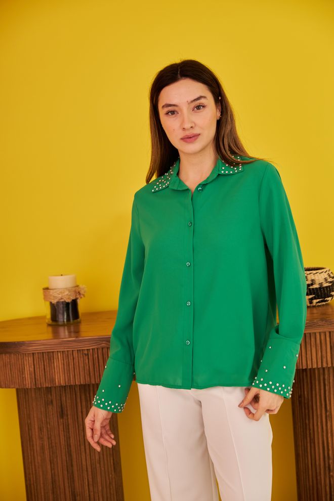 Elisa Camicia Jesica Stoned con polsini larghi Verde Abbigliamento all'ingrosso Casuale