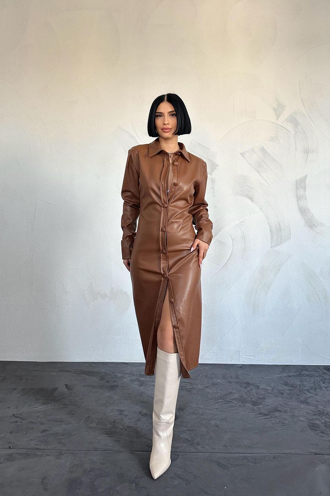 L&C Элегантное Коричневое Платье рубашка С Зубчатым Вырезом Оптовая продажа одежды Повседневный