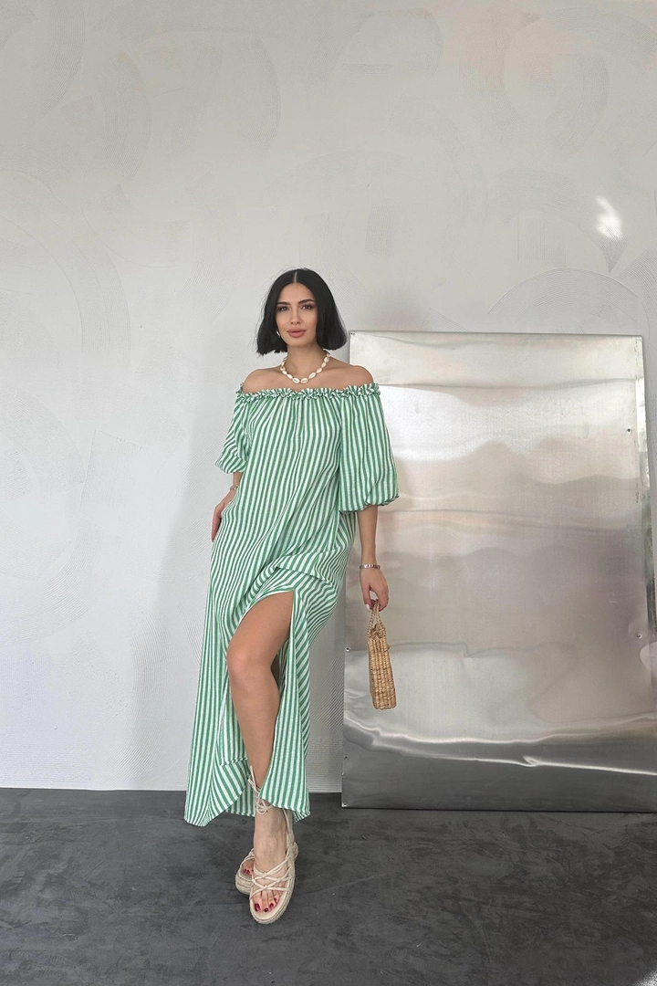 A wholesale clothing model wears els11508-striped-frilly-dress-green, Turkish wholesale Dress of Elisa