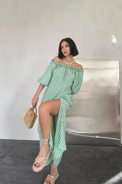 A wholesale clothing model wears els11508-striped-frilly-dress-green, Turkish wholesale Dress of Elisa