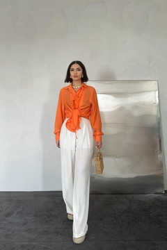 A wholesale clothing model wears els11515-cruz-front-gathered-shirt-orange, Turkish wholesale Tunic of Elisa