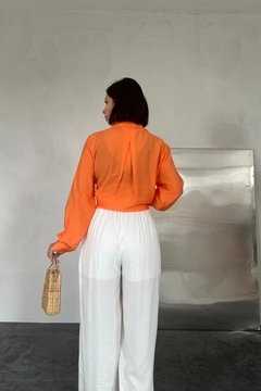 A wholesale clothing model wears els11515-cruz-front-gathered-shirt-orange, Turkish wholesale Tunic of Elisa