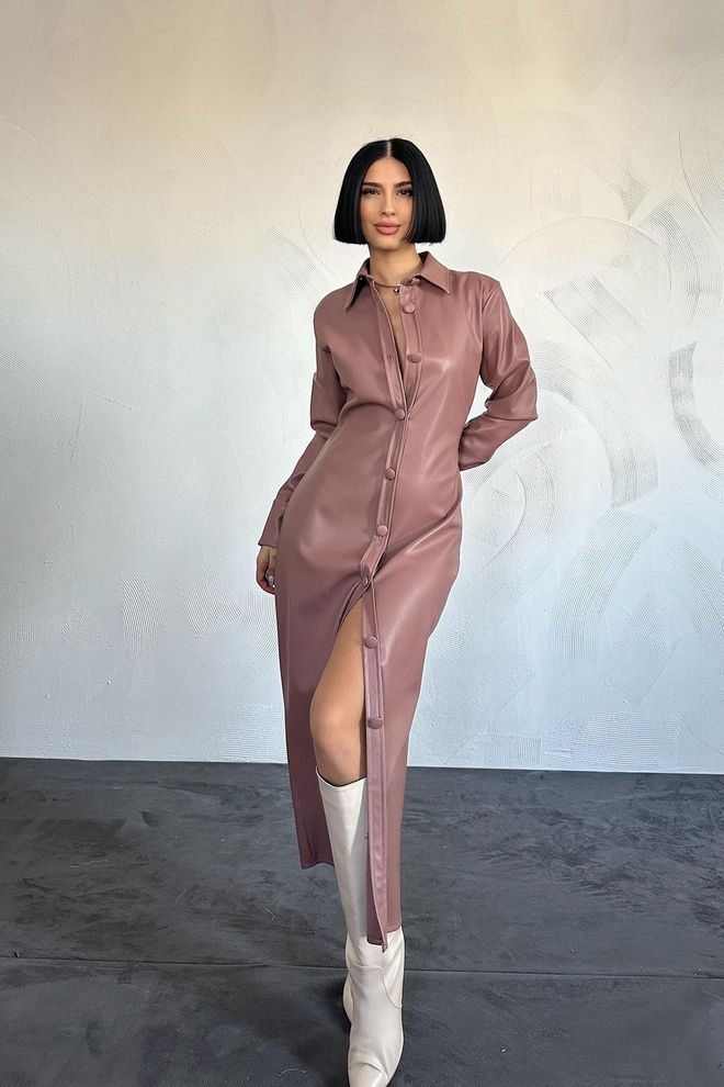 L&C Hnedé Sexy Elegantné Formálne Košeľové Midi Šaty S Dlhým Rovným Rukávom Veľkoobchod s oblečením Neformálny