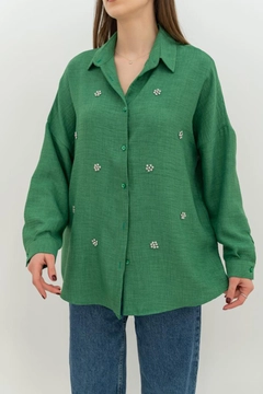 A wholesale clothing model wears els11521-stone-embroidered-shirt-khaki, Turkish wholesale Shirt of Elisa