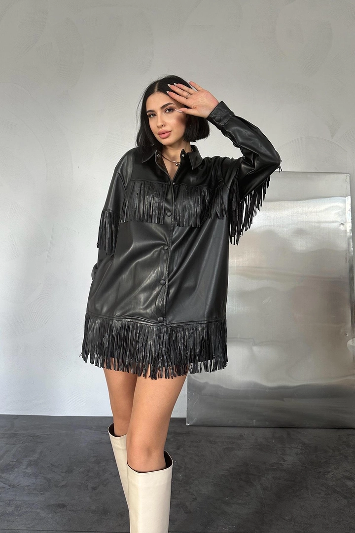 A wholesale clothing model wears els11527-tasseled-leather-shirt-tunic-black, Turkish wholesale Tunic of Elisa