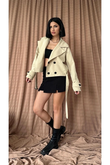 A wholesale clothing model wears  Belted Short Trech Jacket - Mink
, Turkish wholesale Jacket of Elisa