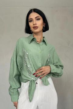 A wholesale clothing model wears els11644-diamond-pattern-stone-shirt-mint, Turkish wholesale Tunic of Elisa