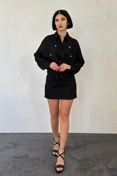A wholesale clothing model wears els11656-stone-embroidered-shirt-black, Turkish wholesale Tunic of Elisa