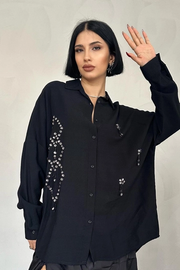 A wholesale clothing model wears  Diamond Pattern Stone Shirt - Black
, Turkish wholesale Tunic of Elisa