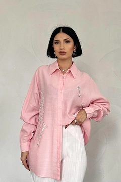 A wholesale clothing model wears els11673-diamond-pattern-stone-shirt-pink, Turkish wholesale Tunic of Elisa