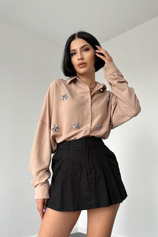 Elisa Handbesticktes Hemd Mit Klassischem Muster – Beige Großhandelskleidung Lässig