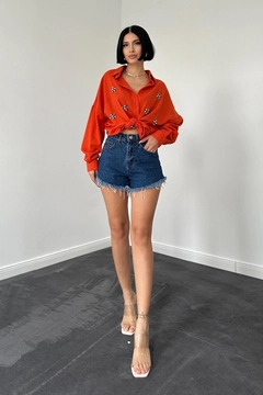 A wholesale clothing model wears els11863-stone-embroidered-shirt-orange, Turkish wholesale Tunic of Elisa
