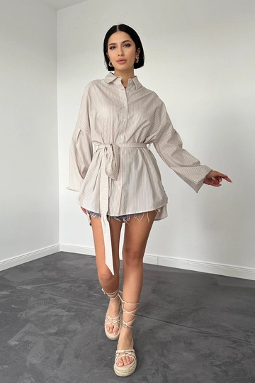 A wholesale clothing model wears  Striped Poplin Belted Shirt - Light Brown
, Turkish wholesale Tunic of Elisa