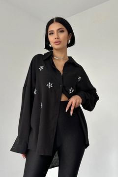 A wholesale clothing model wears els11865-stone-embroidered-shirt-black, Turkish wholesale Tunic of Elisa