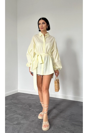 A wholesale clothing model wears  Striped Poplin Belted Shirt - Yellow
, Turkish wholesale Tunic of Elisa