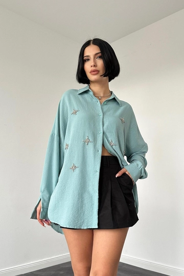 A wholesale clothing model wears  Classic Pattern Hand Embroidered Shirt - Mint
, Turkish wholesale Tunic of Elisa