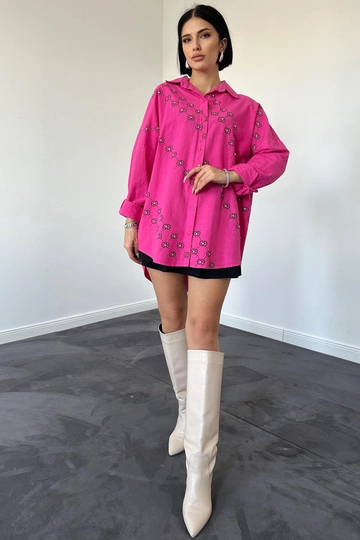 A wholesale clothing model wears  Dyed Linen Printed Stone Shirt - Fuchsia
, Turkish wholesale Shirt of Elisa