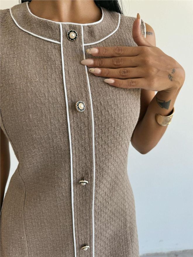 Ello Tweed Fabric Front Buttoned Mini Dress Wholesale Clothing Elegant