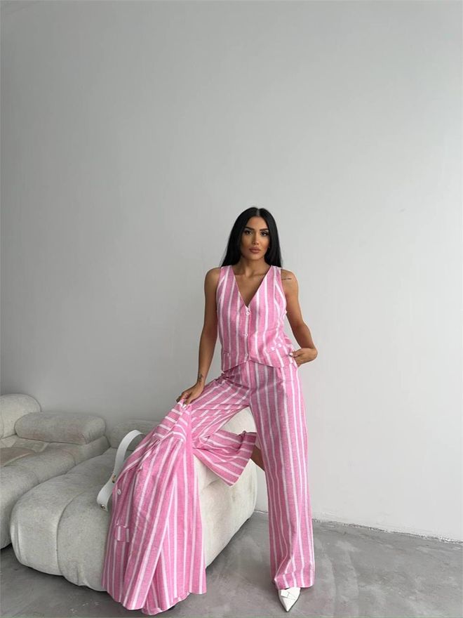 Ello Striped Linen Jacket Pink Wholesale Clothing Cotton