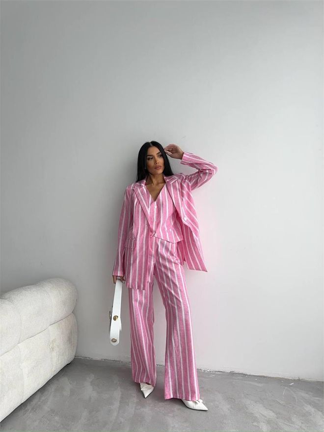Ello Striped Linen Jacket Pink Wholesale Clothing Polyester