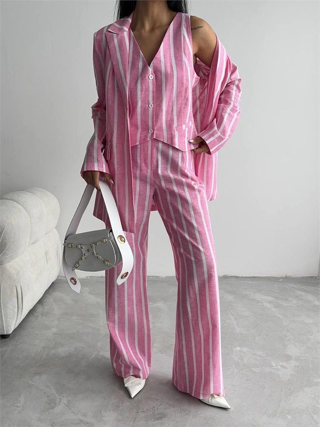 Ello Striped Linen Jacket Pink Wholesale Clothing 6
