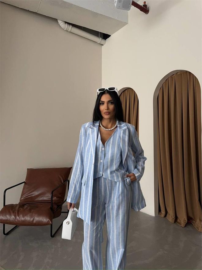 Ello Striped Linen Jacket Blue Wholesale Clothing Casual