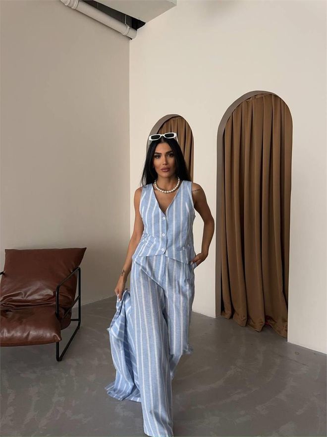 Ello Striped Linen Jacket Blue Wholesale Clothing Polyester